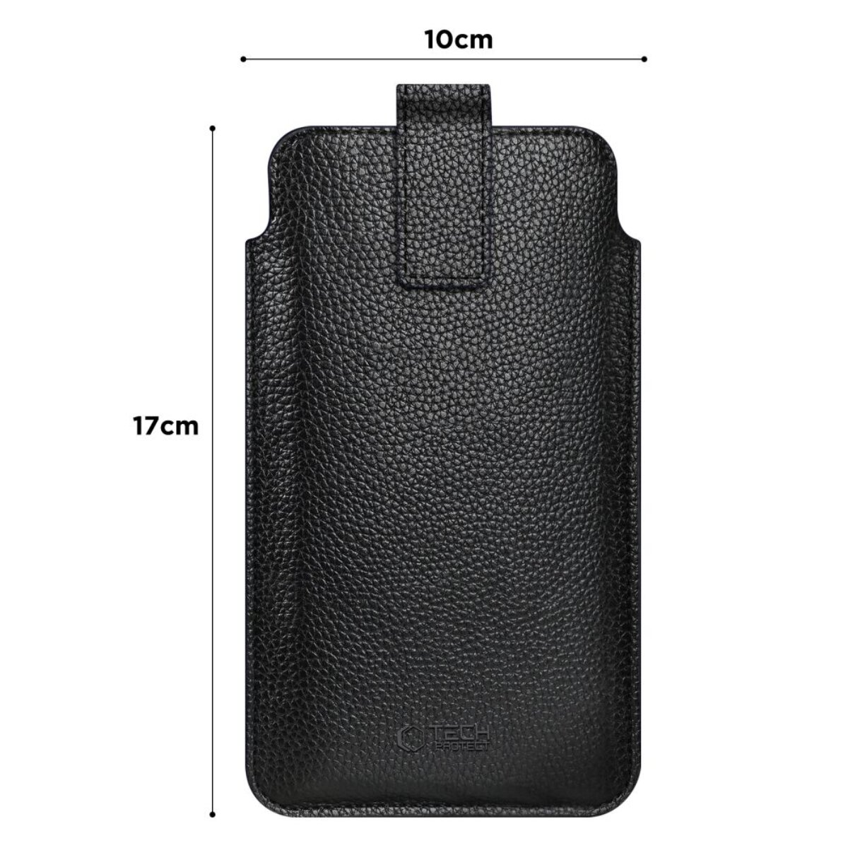 Schwarze Lederhülle für Mobiltelefone, 17x10cm, mit "Tech Protect" Logo.