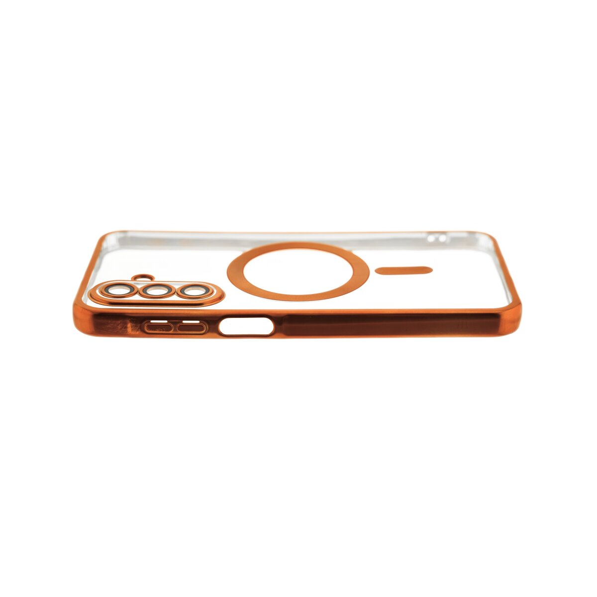 Transparente Handyhülle mit orangefarbenem Rand und Kameraöffnung.