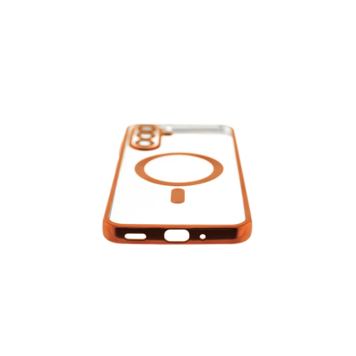 Orangefarbener Handyhülle mit MagSafe-Kreis und Kameralinse.