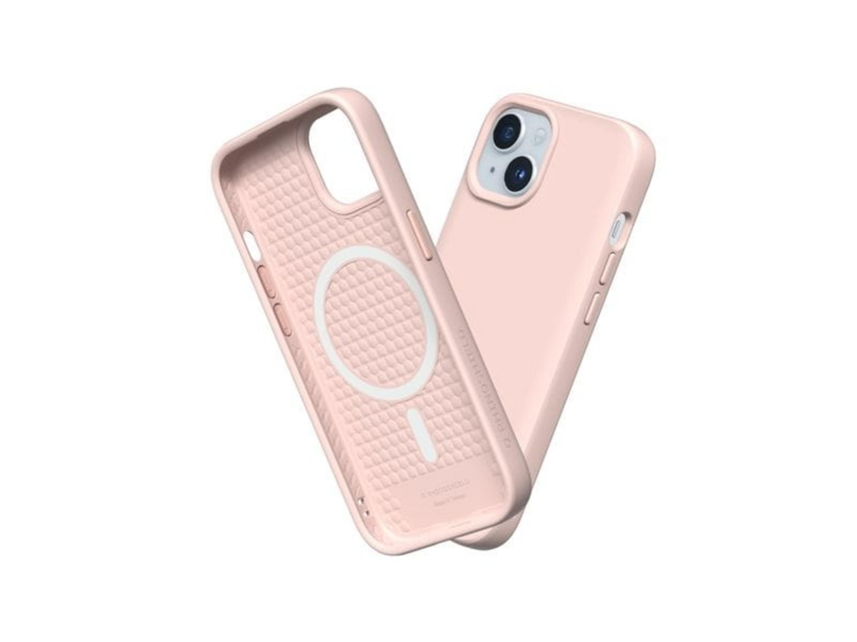 Una custodia rosa per iPhone, che mostra l'interno con anello magnetico.