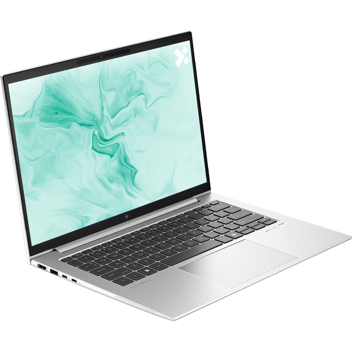 Un laptop HP Elitebook argentato è aperto, con uno sfondo verde simile al marmo sullo schermo.