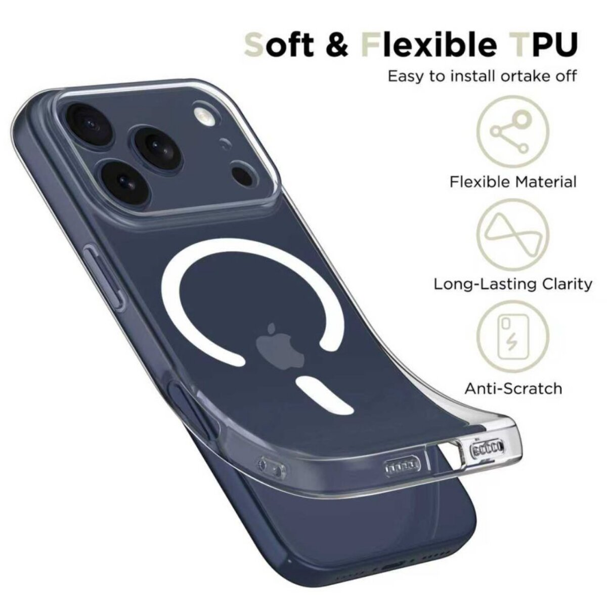 Transparente iPhone-Hülle mit MagSafe-Ring und Kameraausschnitt.
