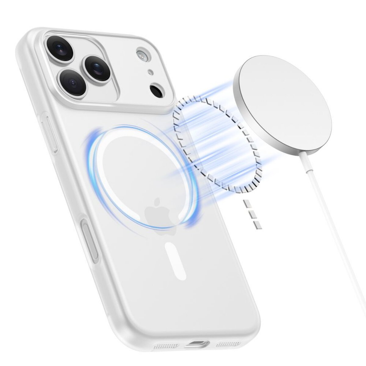 Ein weißes iPhone-Case mit MagSafe-Ladegerät, das magnetisch angezogen wird.