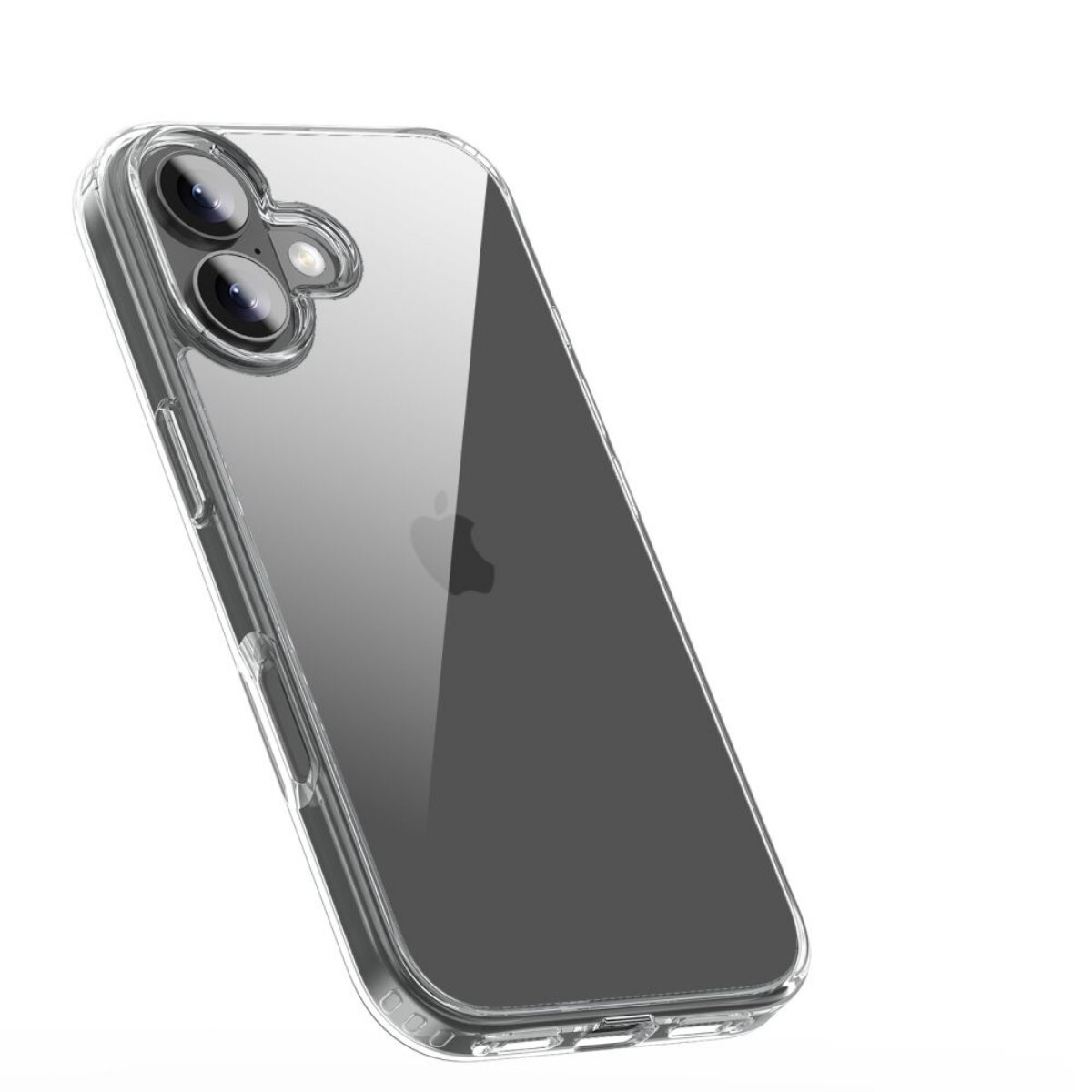 Una cover trasparente per telefono con due obiettivi della fotocamera, su sfondo bianco.