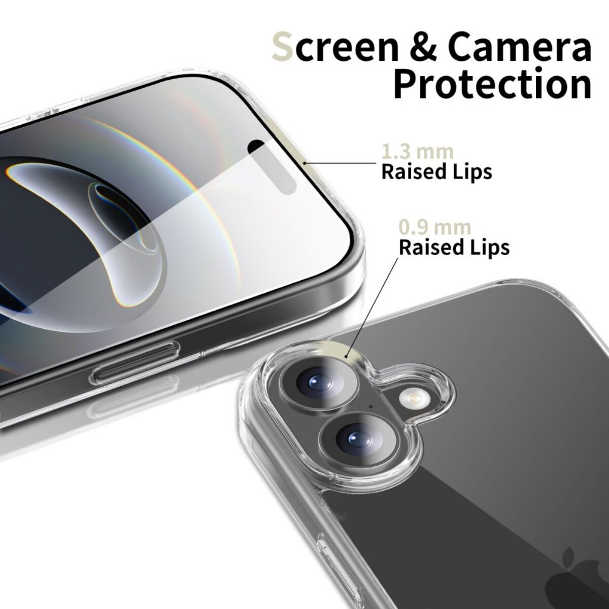 Custodia trasparente per iPhone con bordi rialzati per schermo e fotocamera.