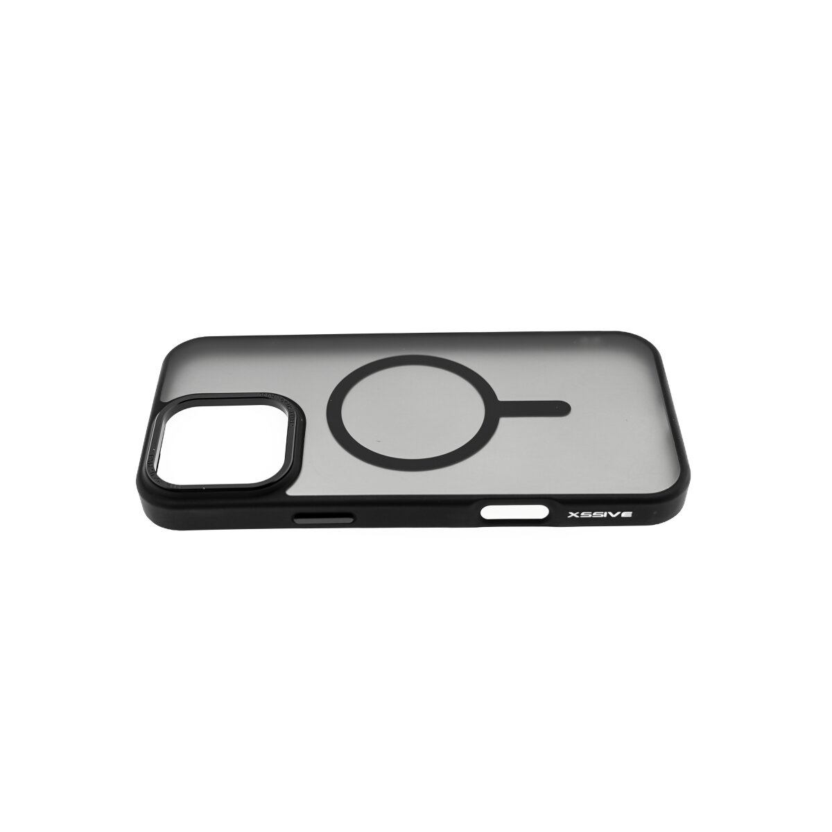 Ein schwarzer Handyhülle mit einem kreisförmigen Magnetring und einem Kamerabereich.