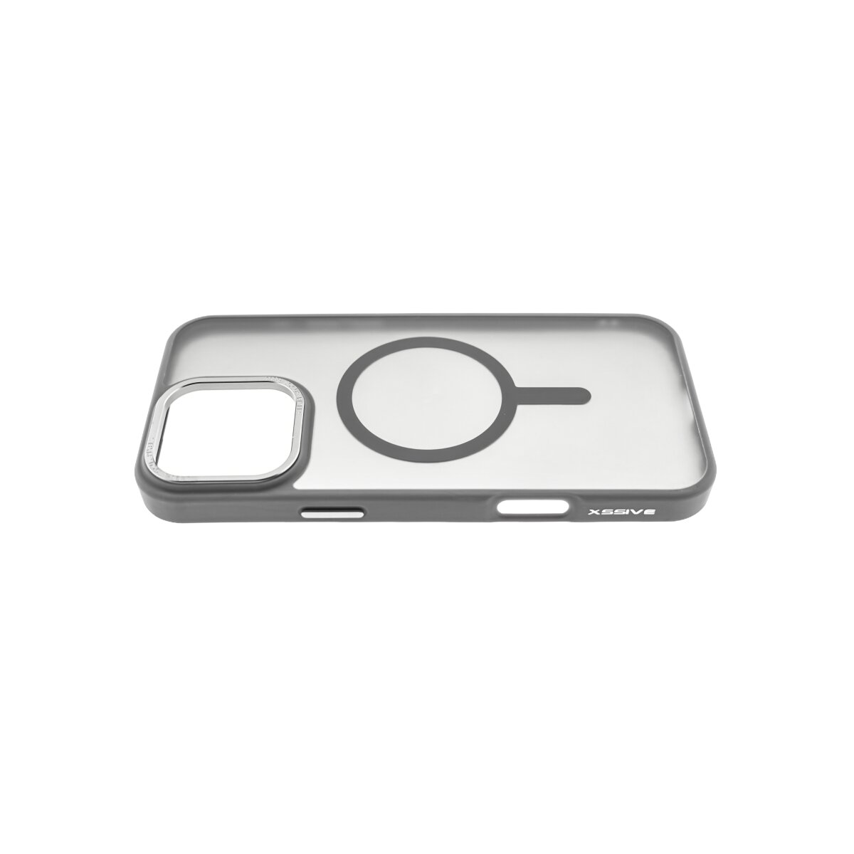 Ein durchsichtiges Handycover mit einem silbernen Kamerarahmen und einem schwarzen Kreis.
