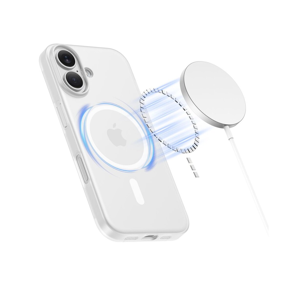 Ein weißes iPhone mit transparentem Case wird von einem magnetischen Ladegerät aufgeladen.