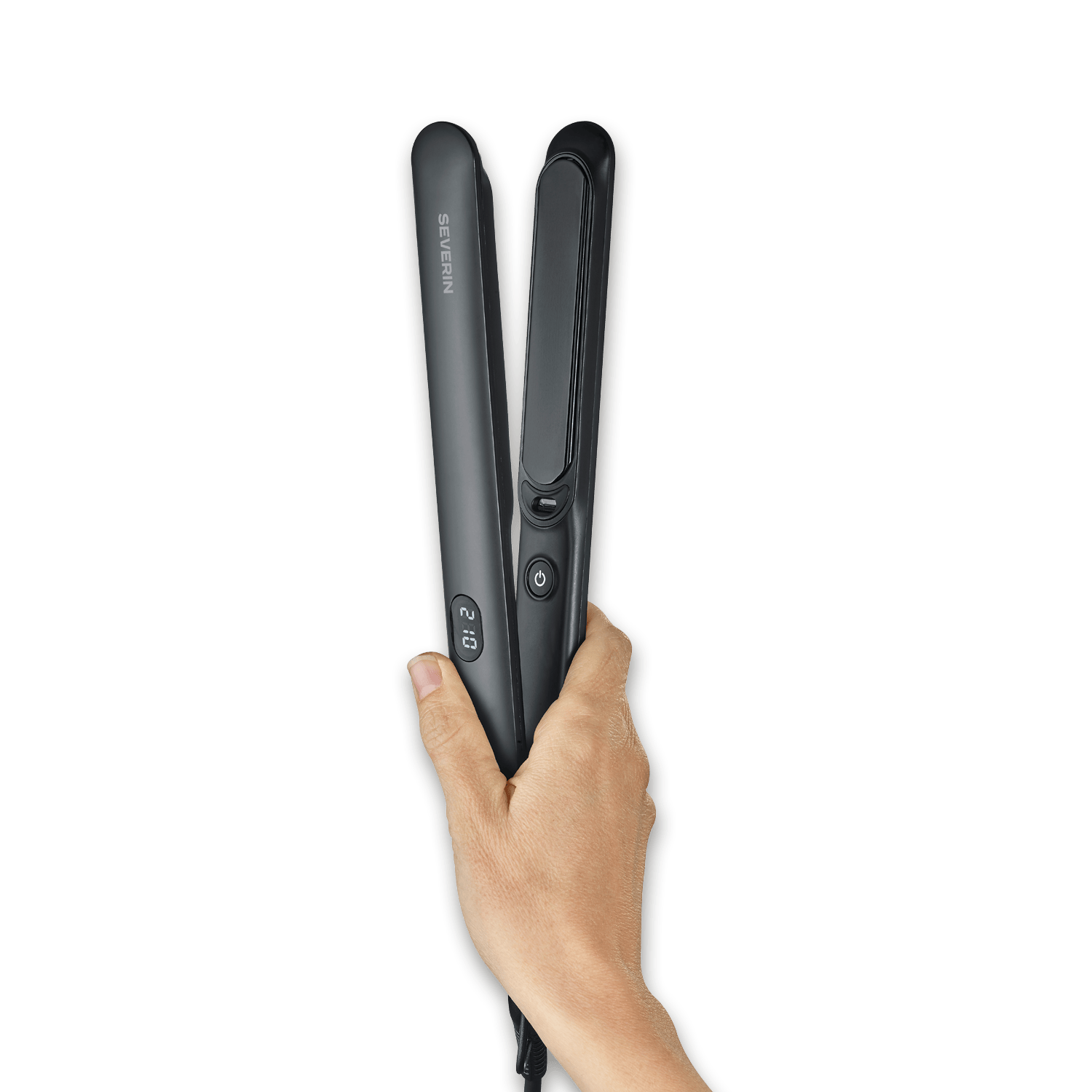 Eine Hand hält einen schwarzen Haarglätter mit einer digitalen Anzeige.