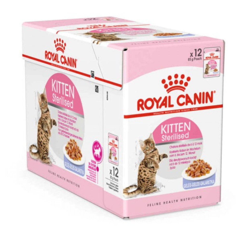 Pudełko karmy mokrej Royal Canin Kitten Sterilised dla kociąt.