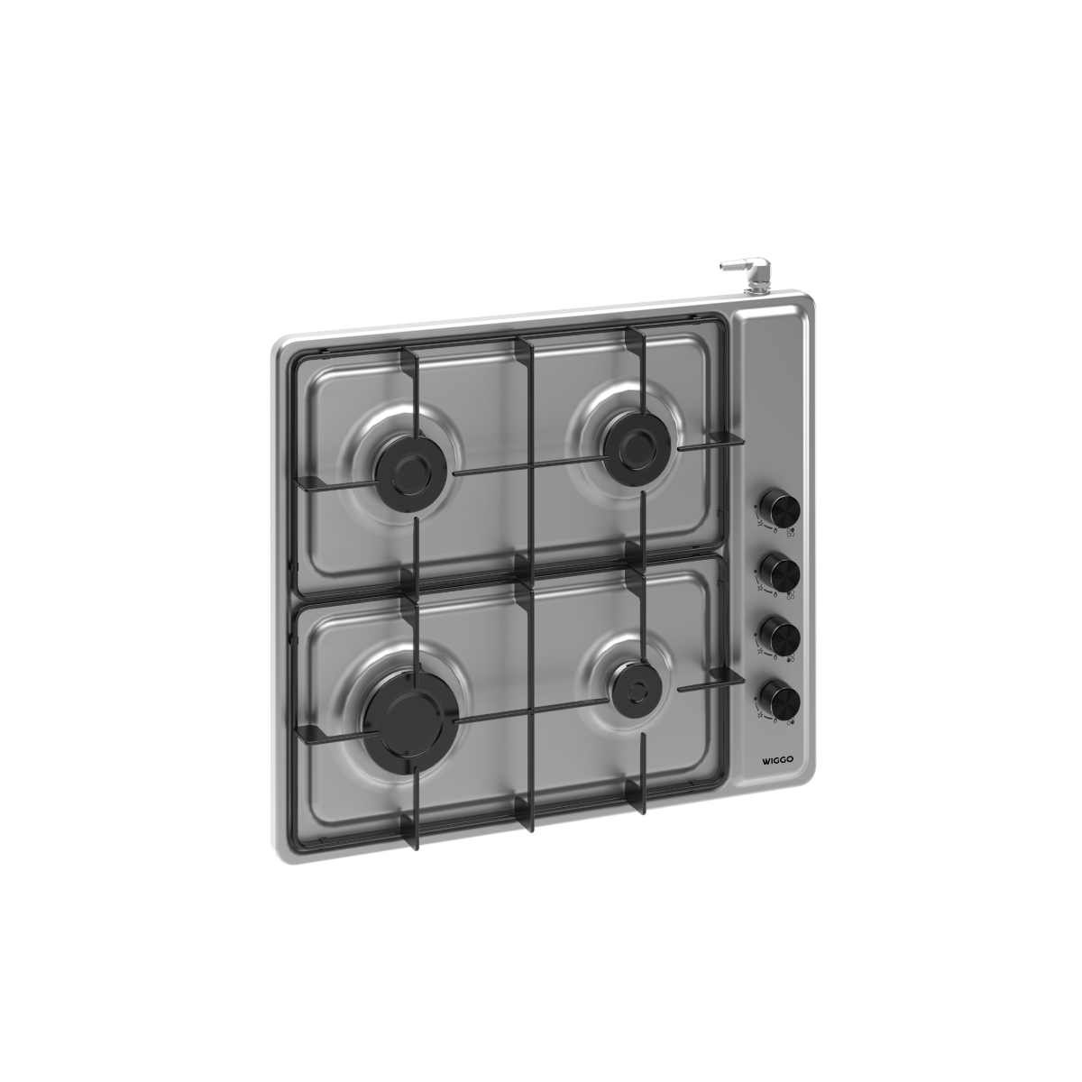 Plaque de cuisson à gaz argentée avec quatre brûleurs et boutons noirs.
