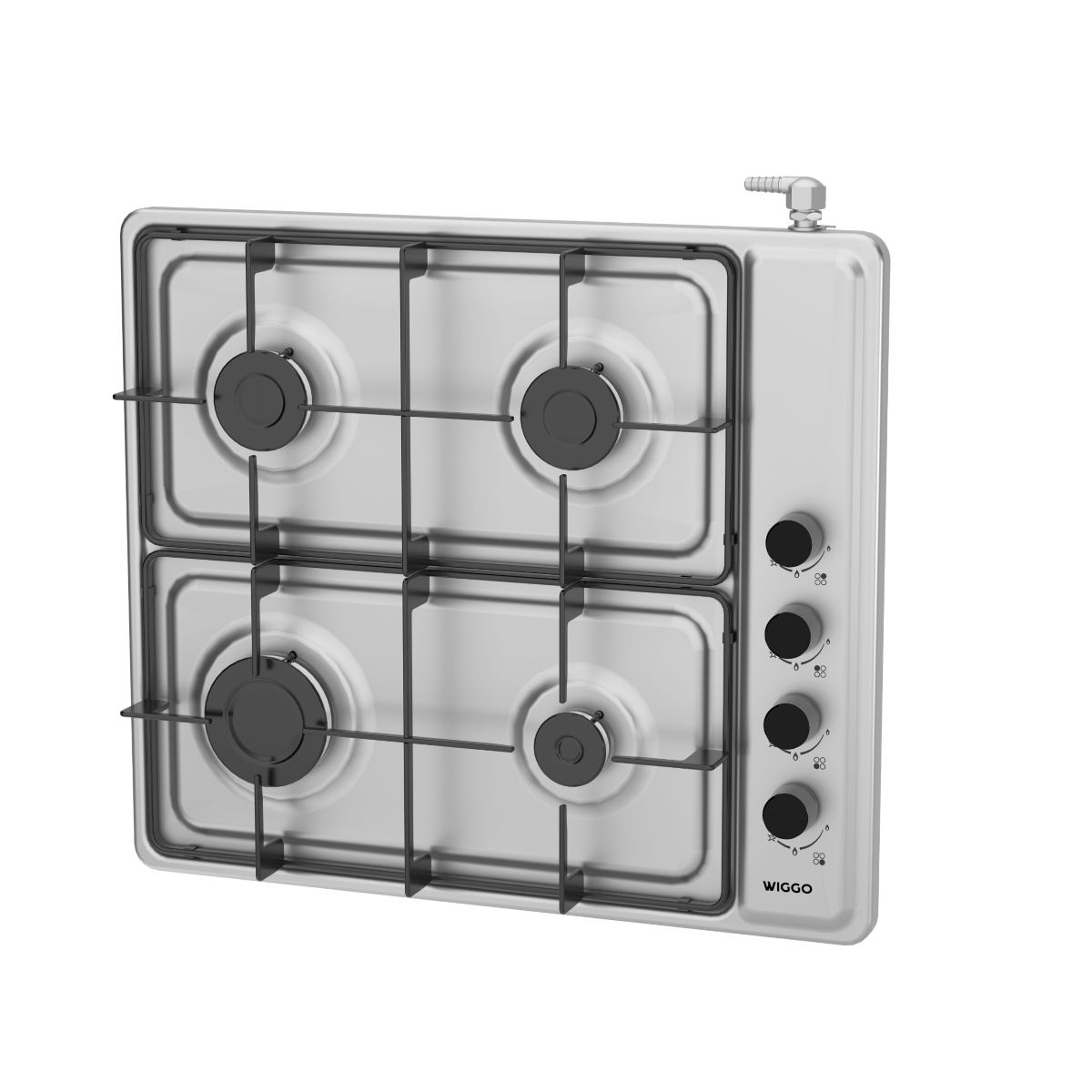 Une cuisinière à gaz argentée avec quatre brûleurs noirs et des boutons noirs.