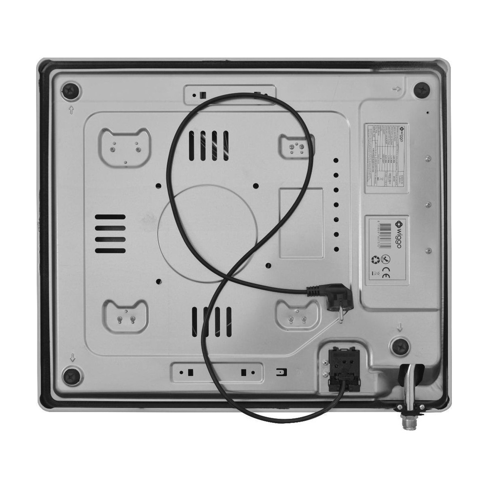 Underside of an induction hob with cable and connection.