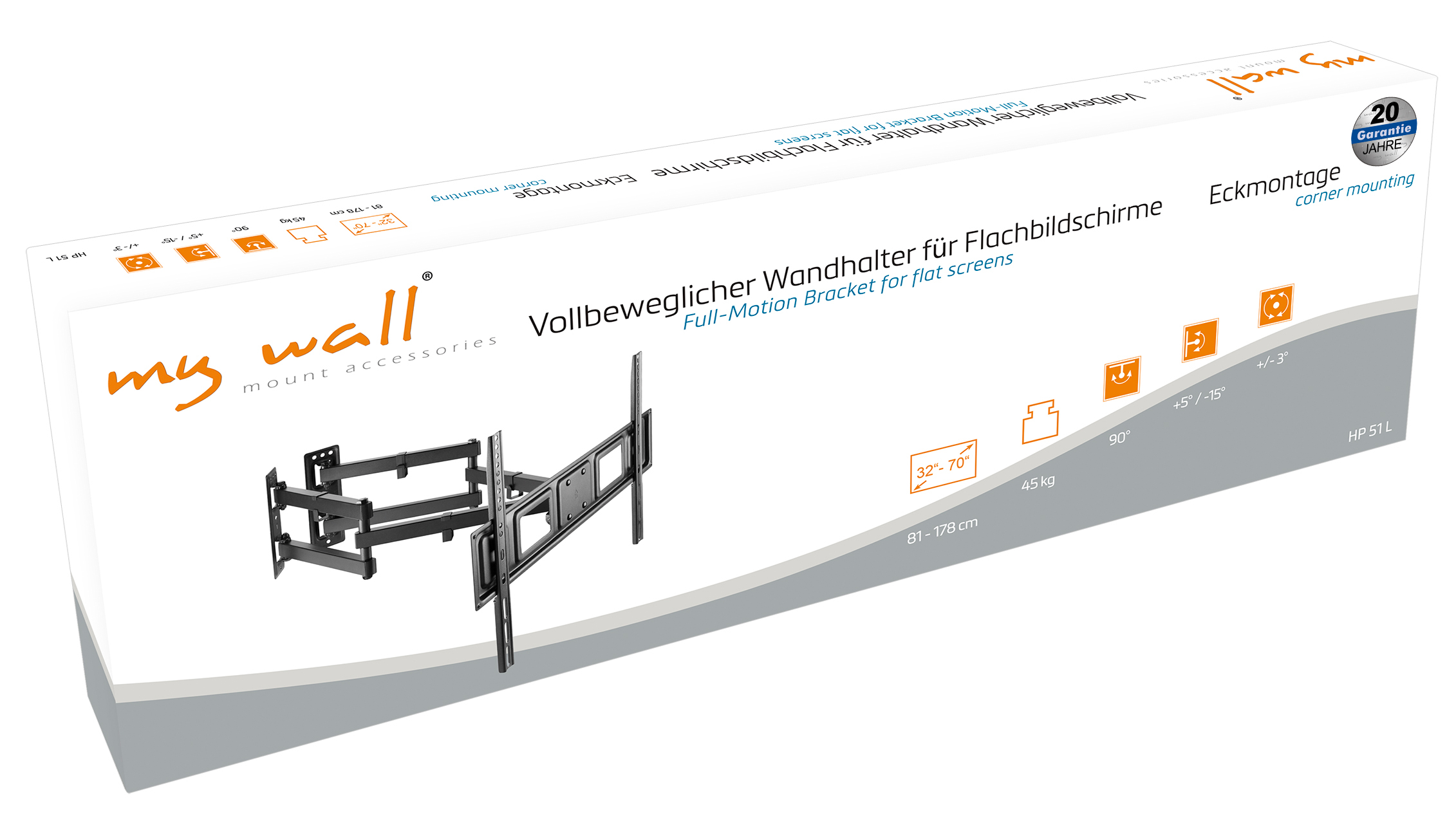 Verpackung mit Wandhalterung für Flachbildschirme, Eckmontage, 32-70 Zoll, 45 kg.