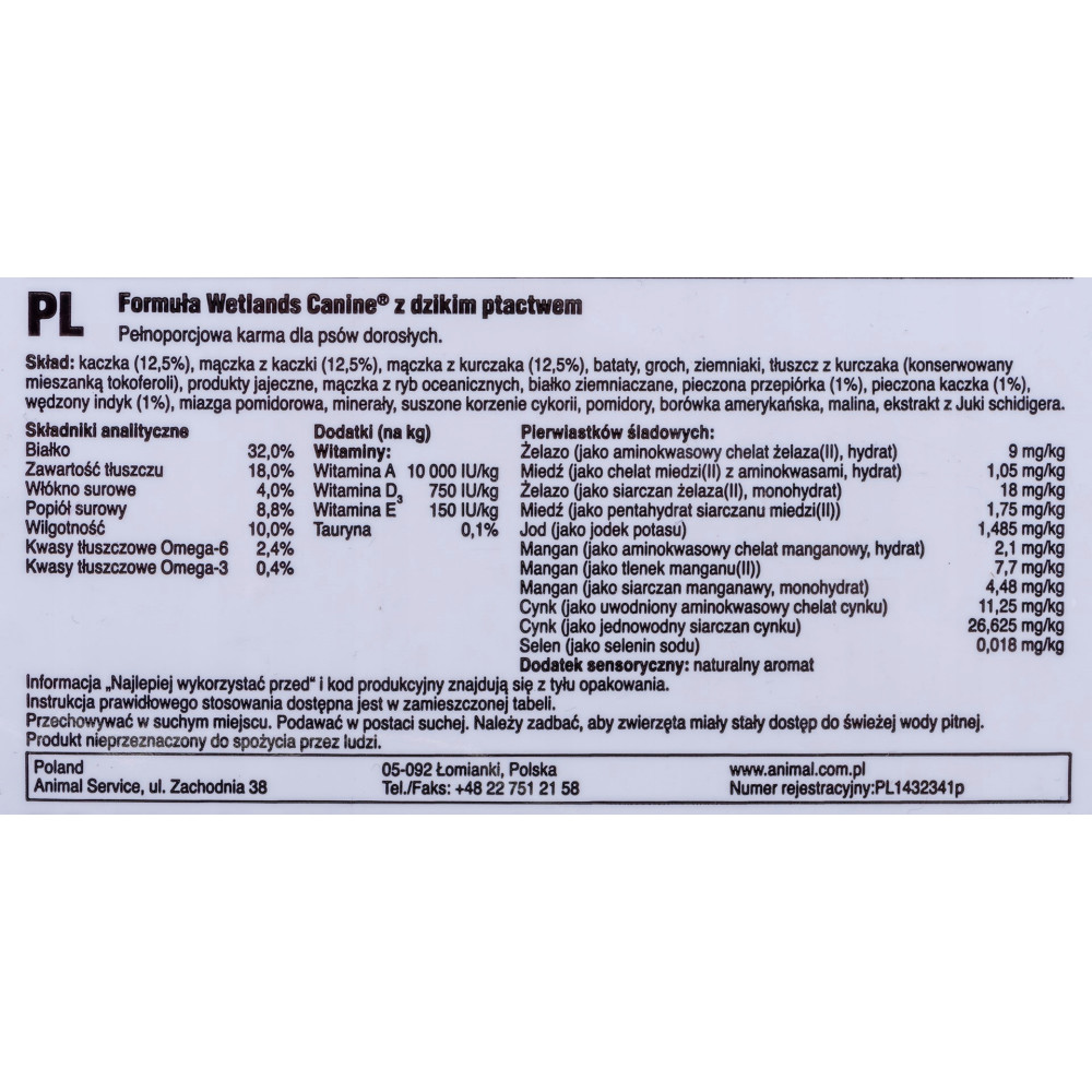 Etykieta karmy dla psów z listą składników, witamin i minerałów.