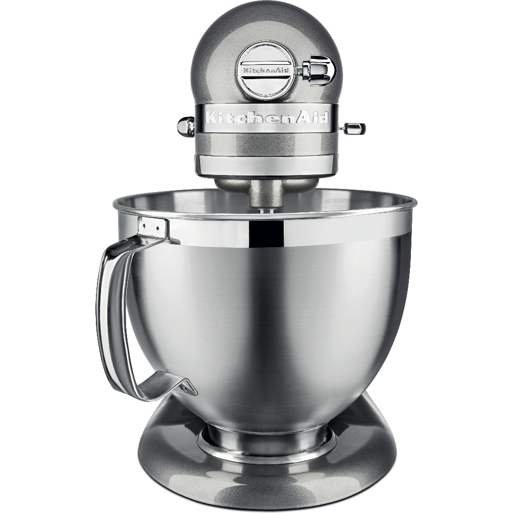 Szara robot kuchenny KitchenAid z misą i uchwytem ze stali nierdzewnej.
