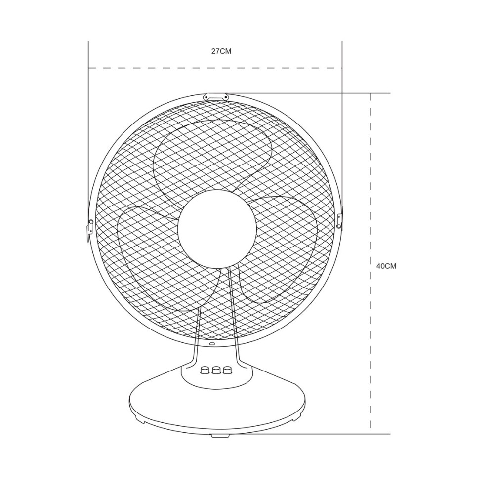 Un dibujo lineal de un ventilador de escritorio con dimensiones de 27 cm y 40 cm.