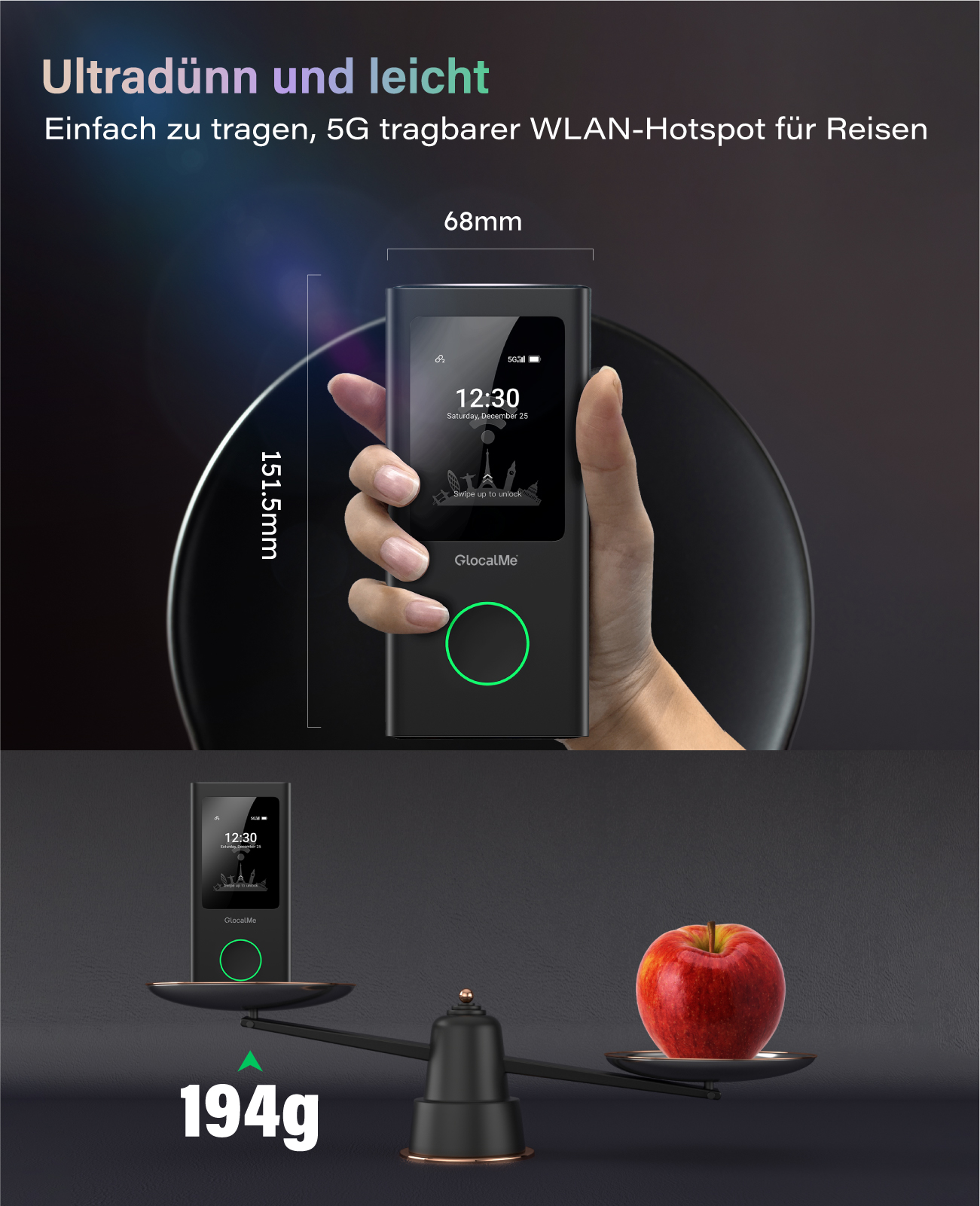 Hand hält 5G WLAN-Hotspot; Maße 151.5x68mm. Waage zeigt 194g gegen Apfel.