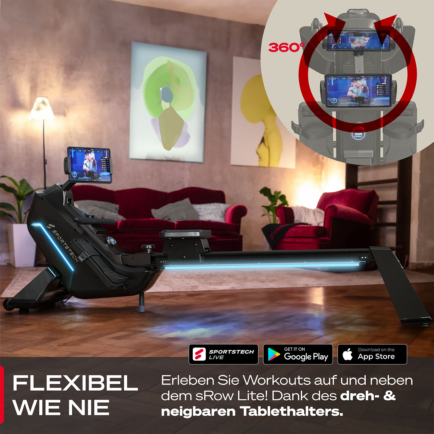 Ein schwarzes Rudergerät mit Tablet im Wohnzimmer. 360° Halterung.