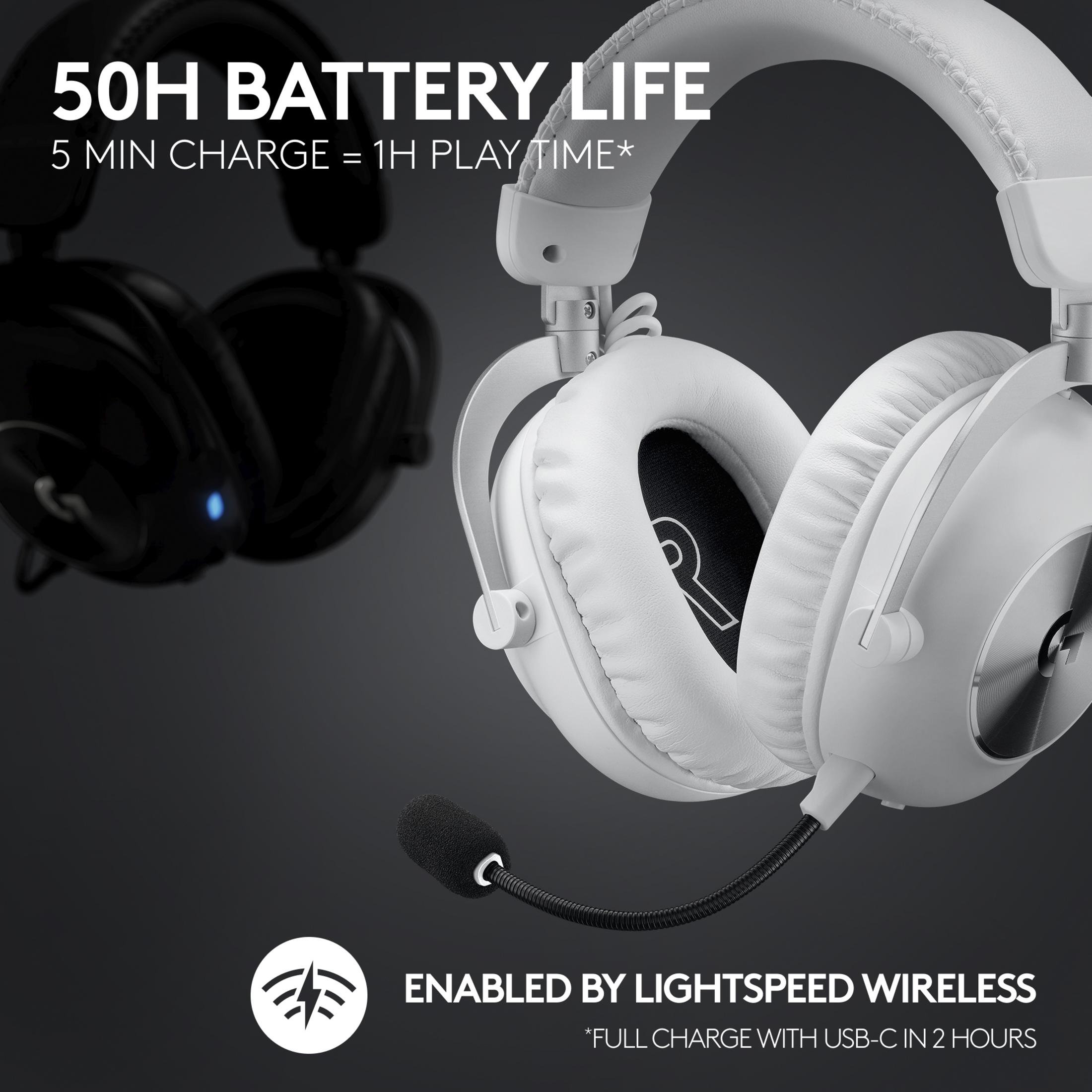 White and black headphones with a microphone, white ones are prominent.