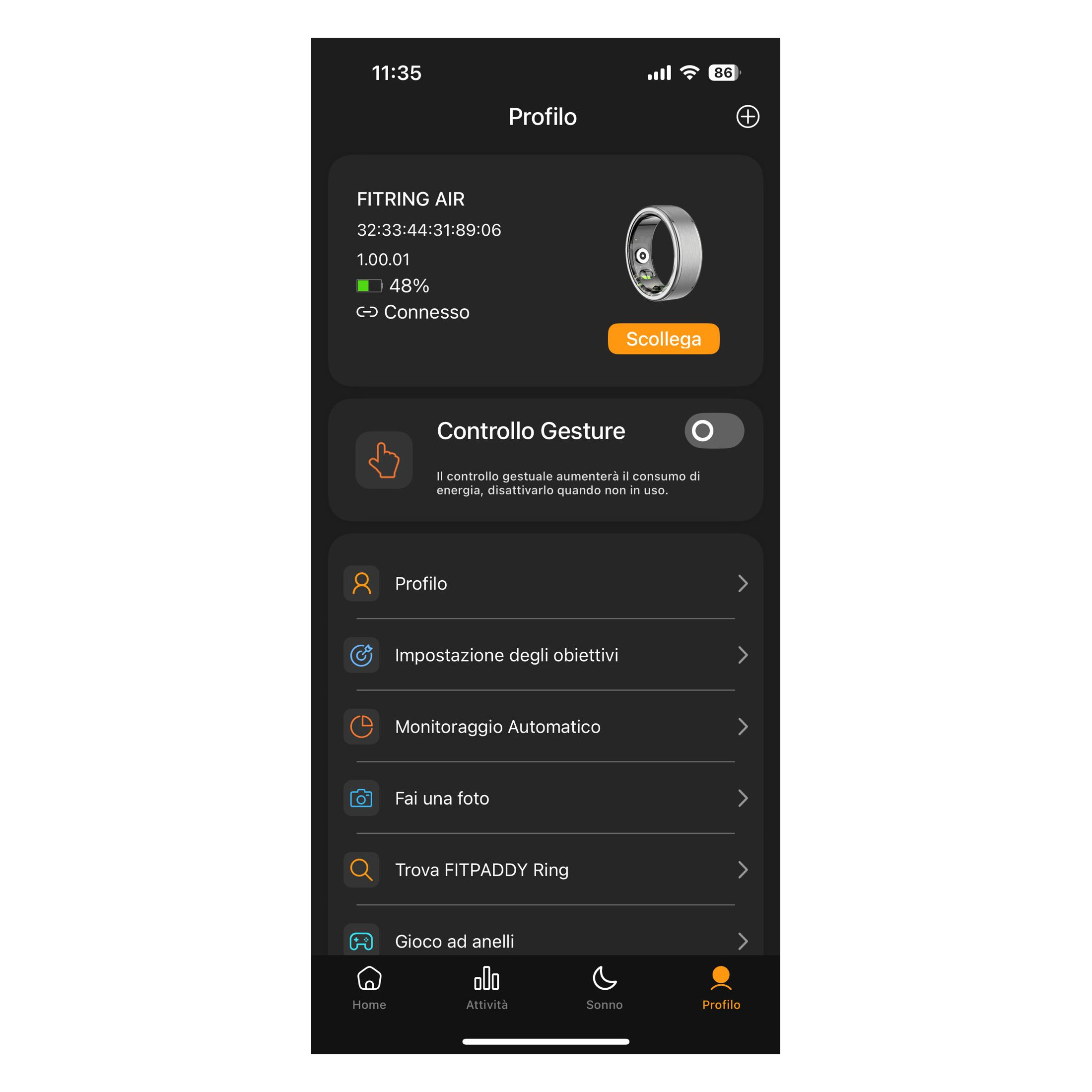 App-Profilansicht mit Ringdetails, Gestensteuerung und Menüoptionen.