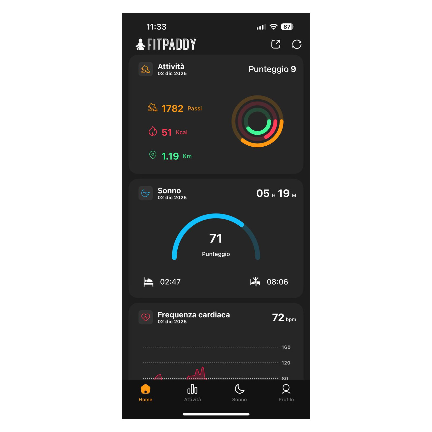 FitPaddy App zeigt Schritte, Kalorien, Distanz, Schlaf & Herzfrequenz.