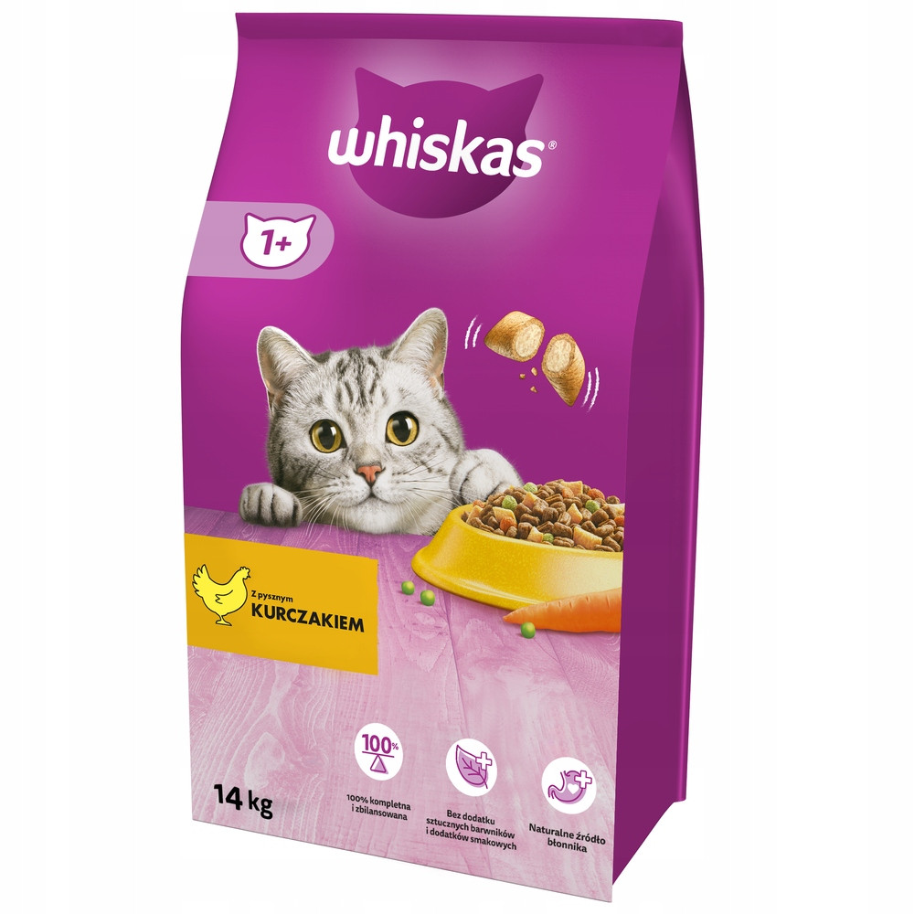 Whiskas karma dla kota 14kg z kurczakiem, kot patrzy w miskę z jedzeniem.