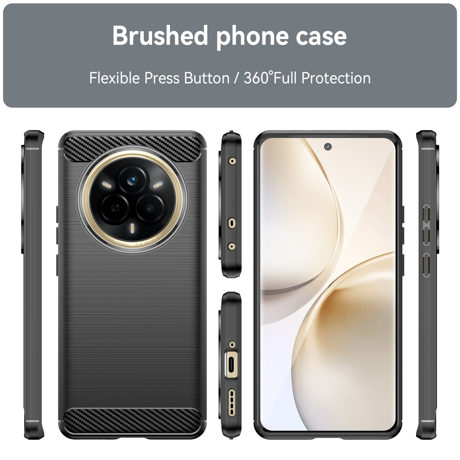 Funda negra para teléfono con protección de cámara y vista.