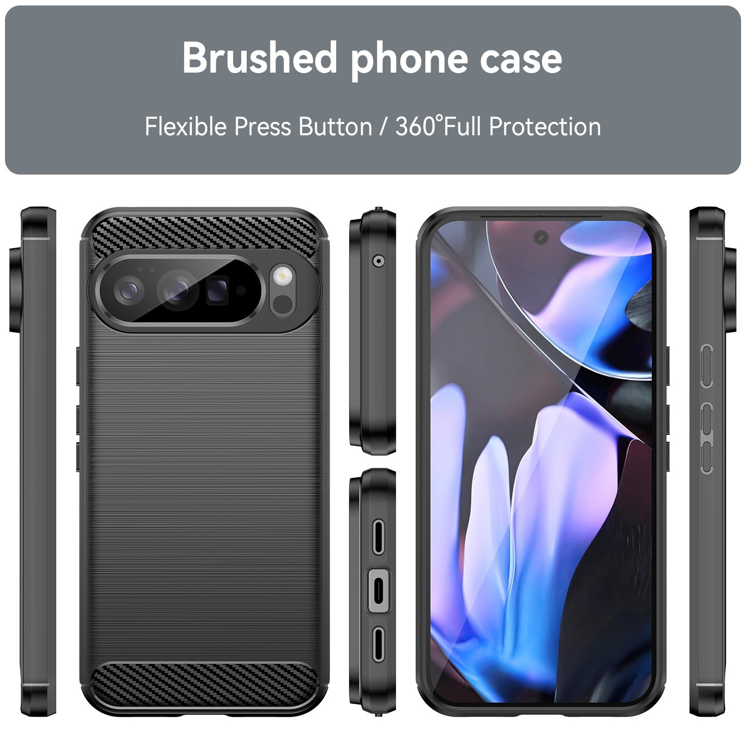 Funda de teléfono negra cepillada que se muestra de frente, espalda, lados y con un teléfono dentro.