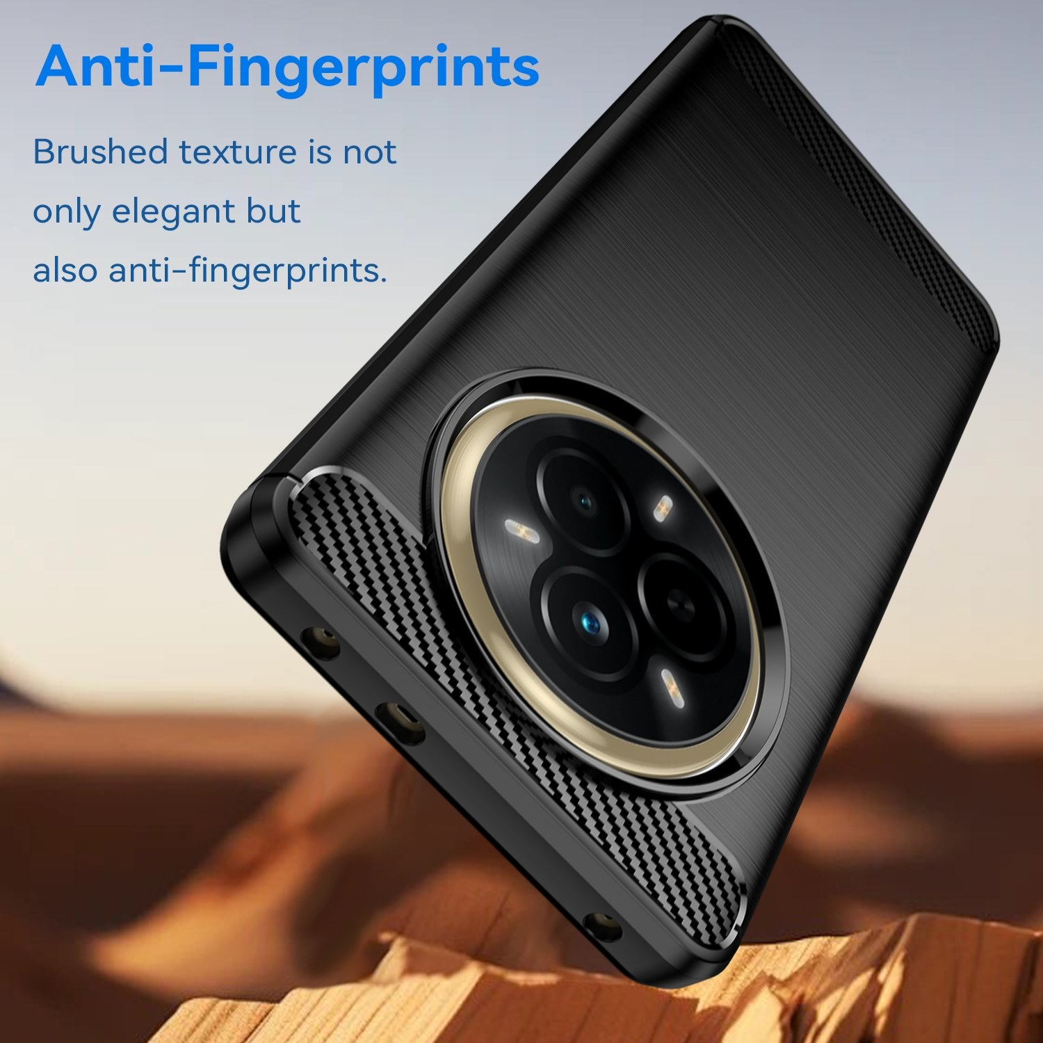 Funda de teléfono negra con textura cepillada y recorte de cámara.