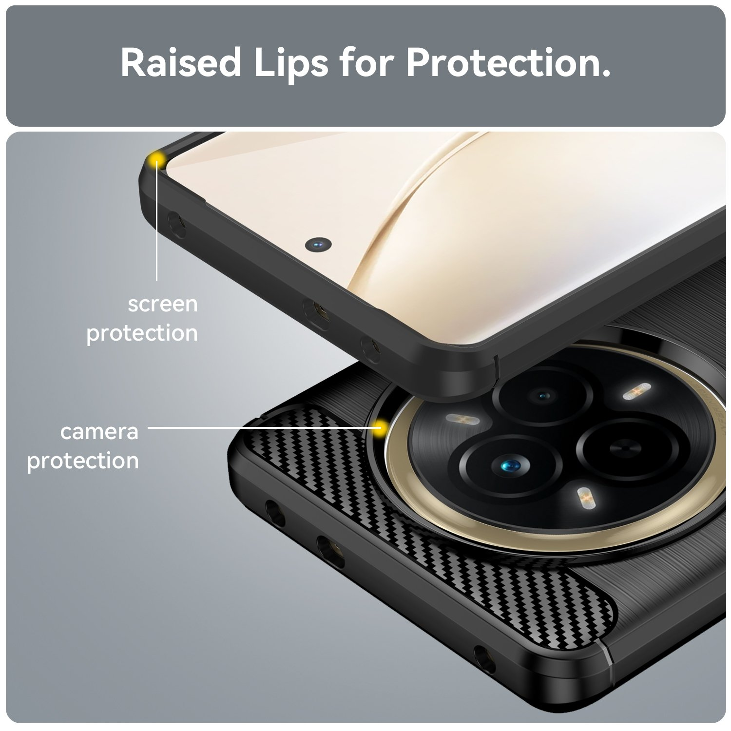 Funda negra para teléfono con protección de pantalla y cámara.