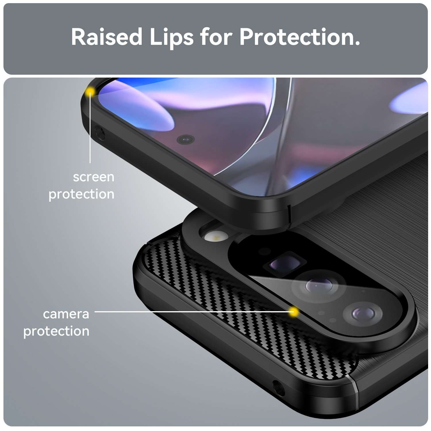 Funda negra para teléfono con bordes elevados para proteger pantalla y cámara.
