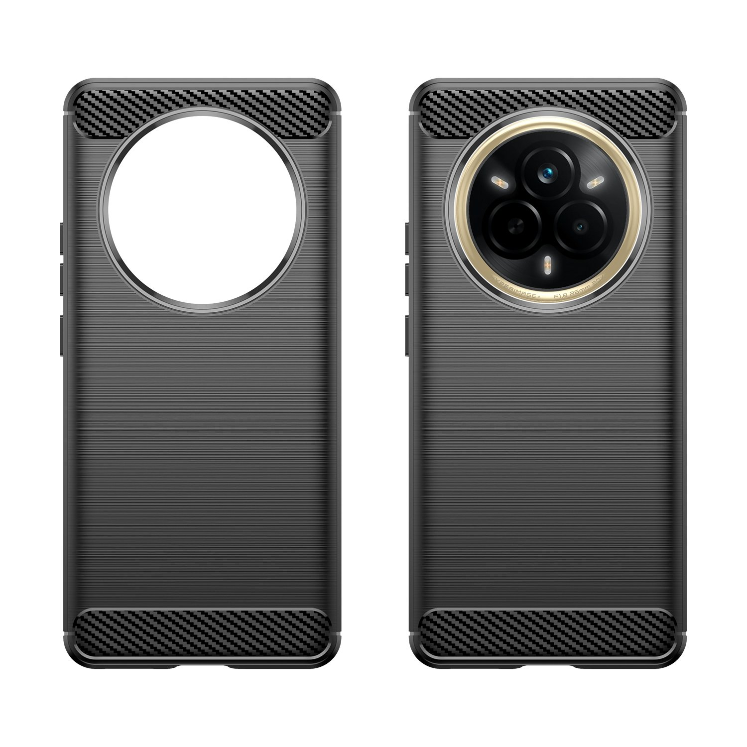 Dos fundas de teléfono negras una al lado de la otra, una con recorte redondo, la otra con cámara.
