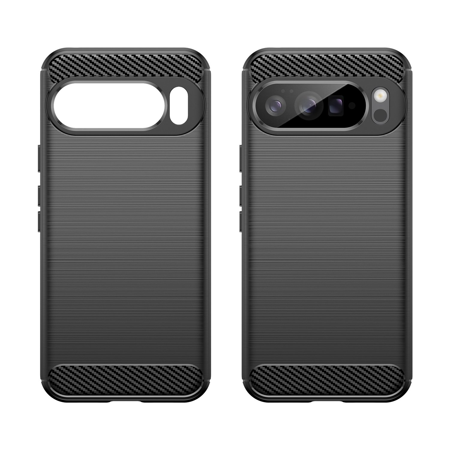 Dos fundas de teléfono negras con detalles de fibra de carbono y módulos de cámara.
