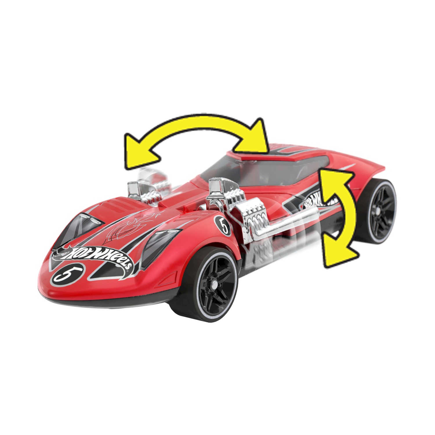 Coche de juguete rojo Hot Wheels con motores gemelos y flechas amarillas indicando movimiento.
