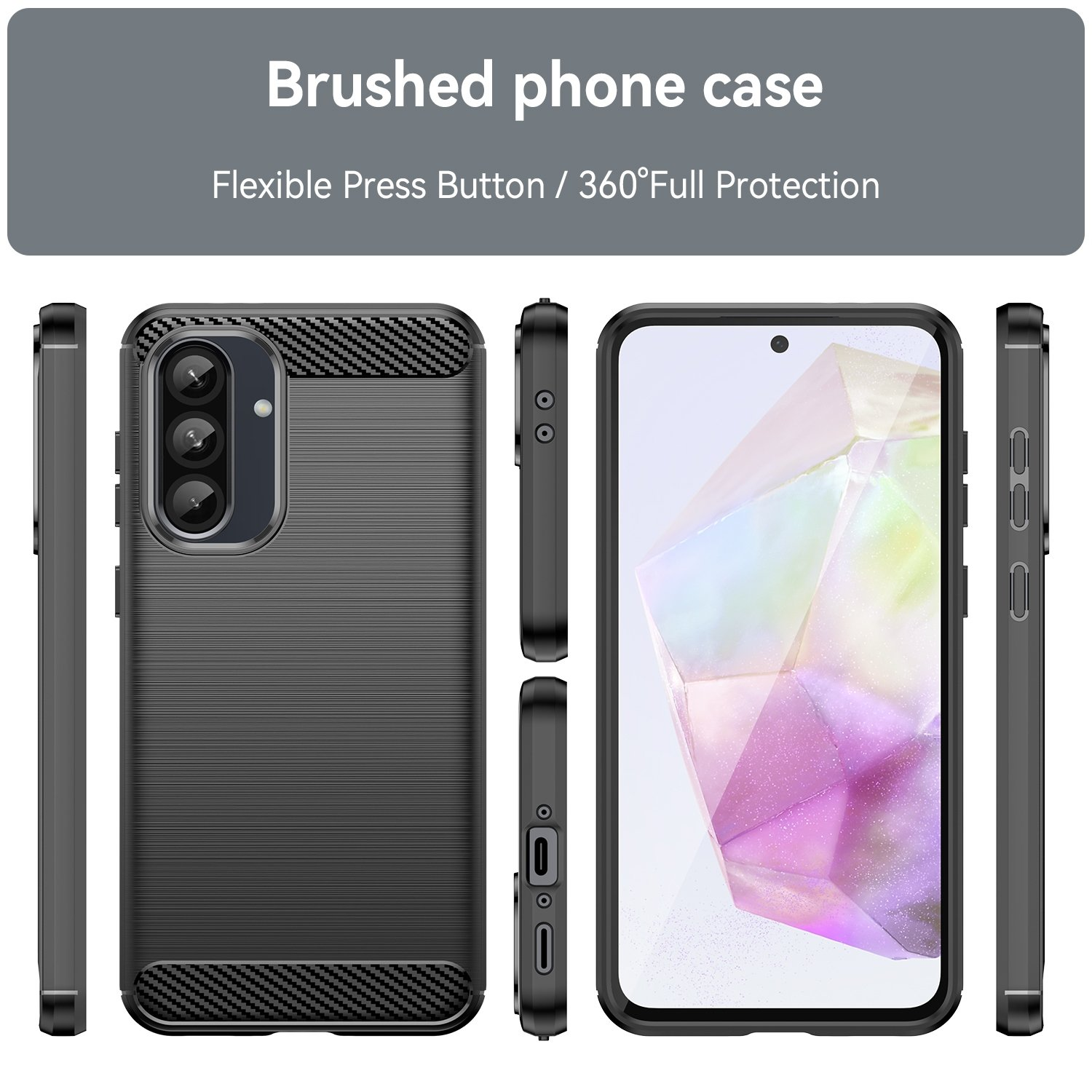 Funda negra para teléfono con textura de fibra de carbono, vistas múltiples.