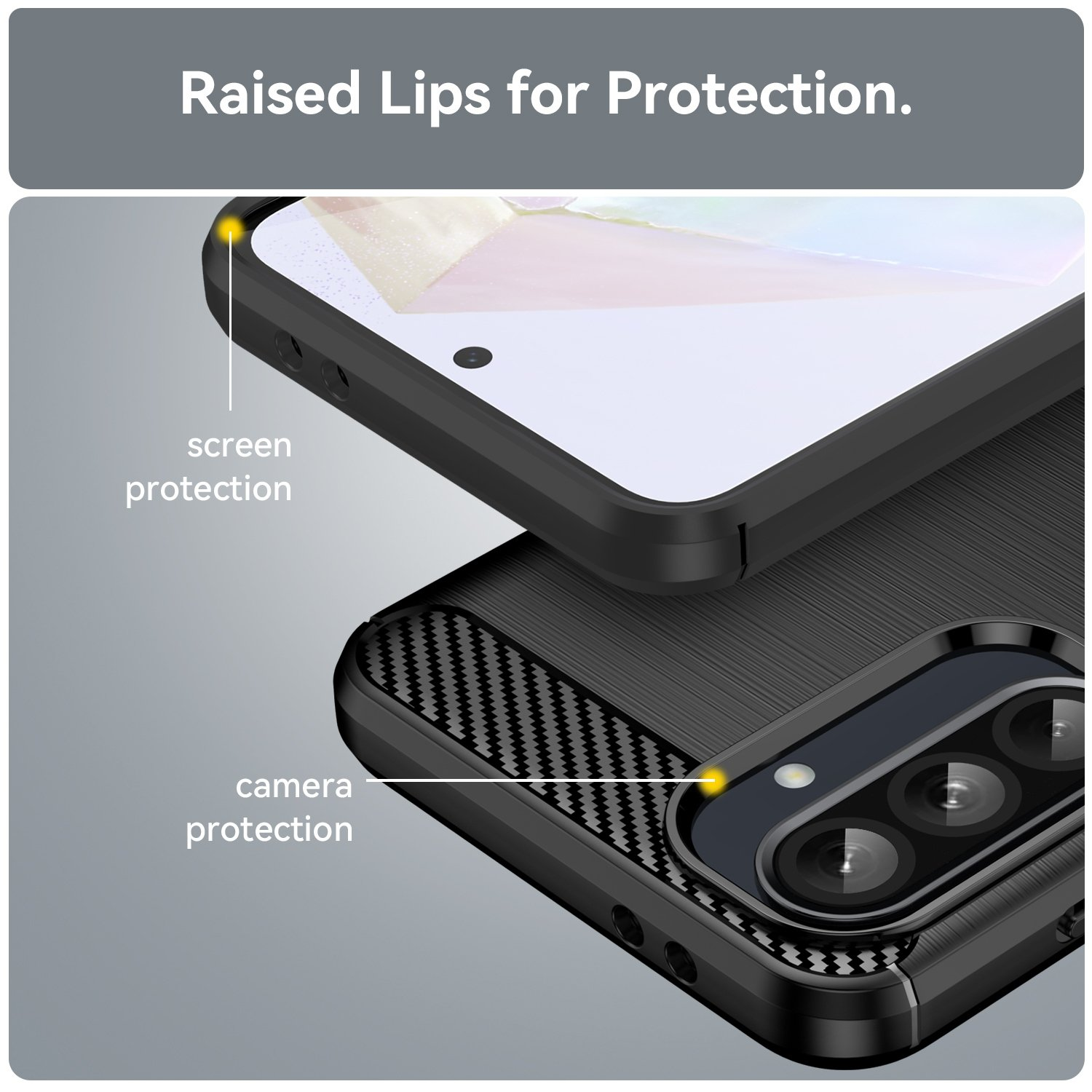 Funda de teléfono negra con bordes elevados para protección de pantalla y cámara.