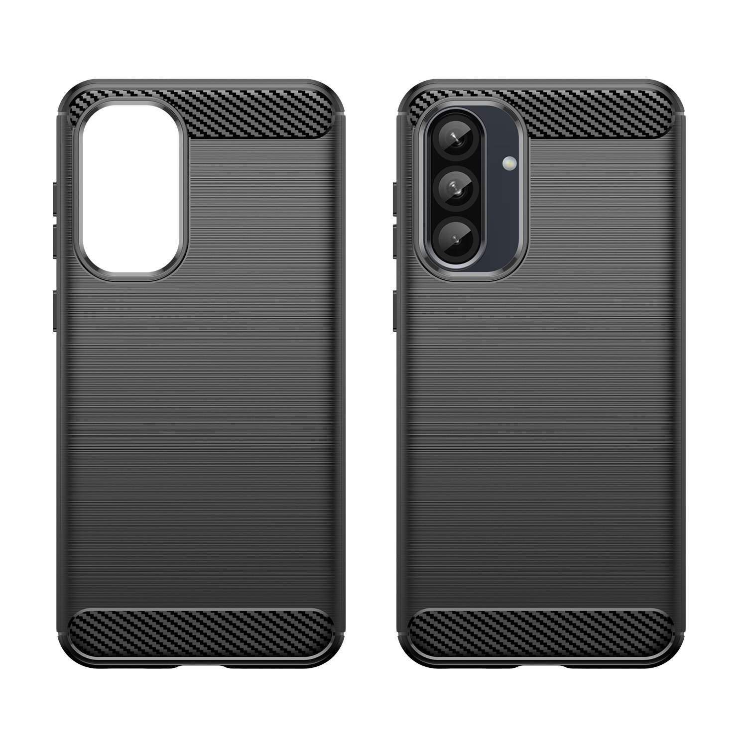 Dos fundas negras para teléfono con patrón de fibra de carbono arriba y abajo.