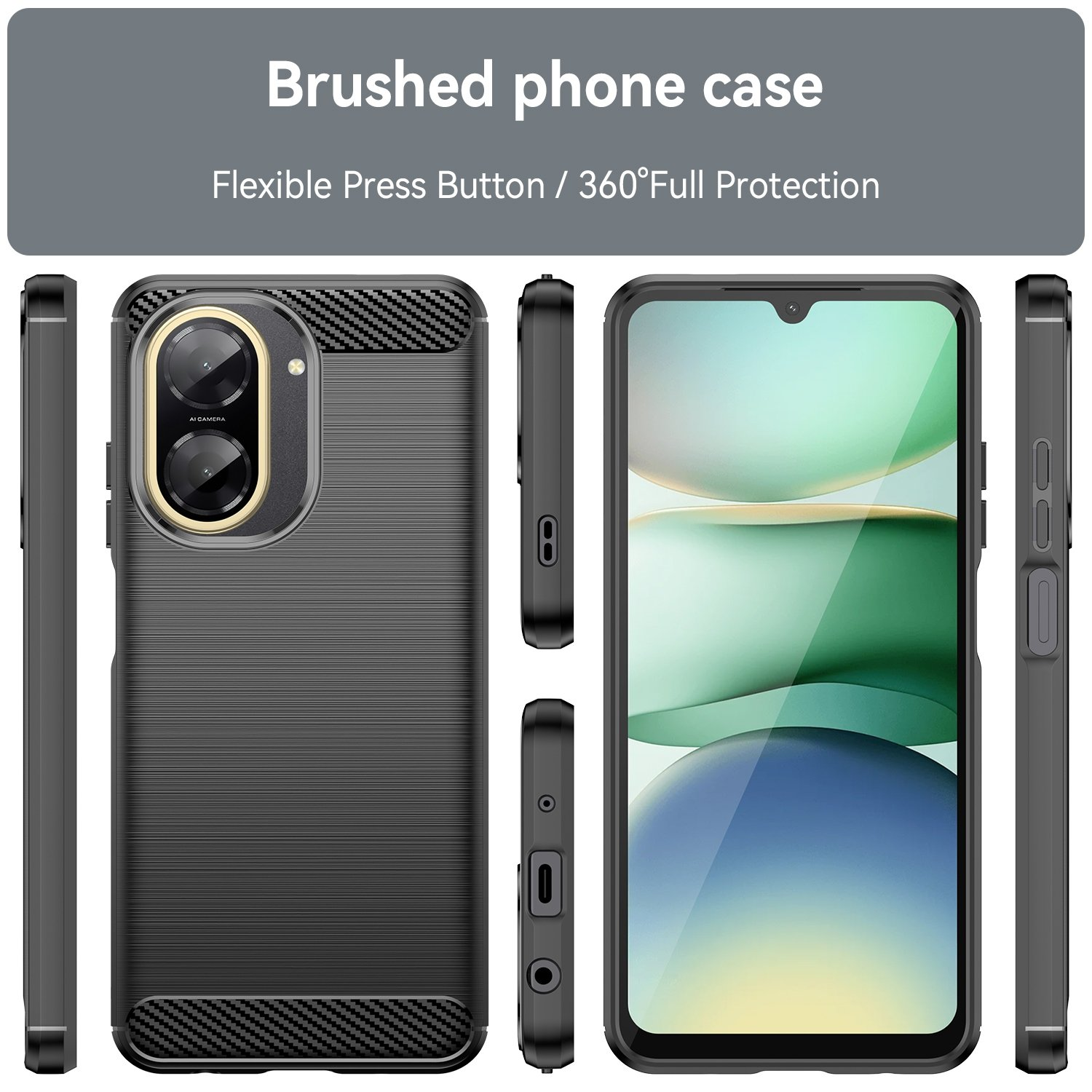 Funda de teléfono negra con textura cepillada, mostrando vistas frontal, trasera y lateral.