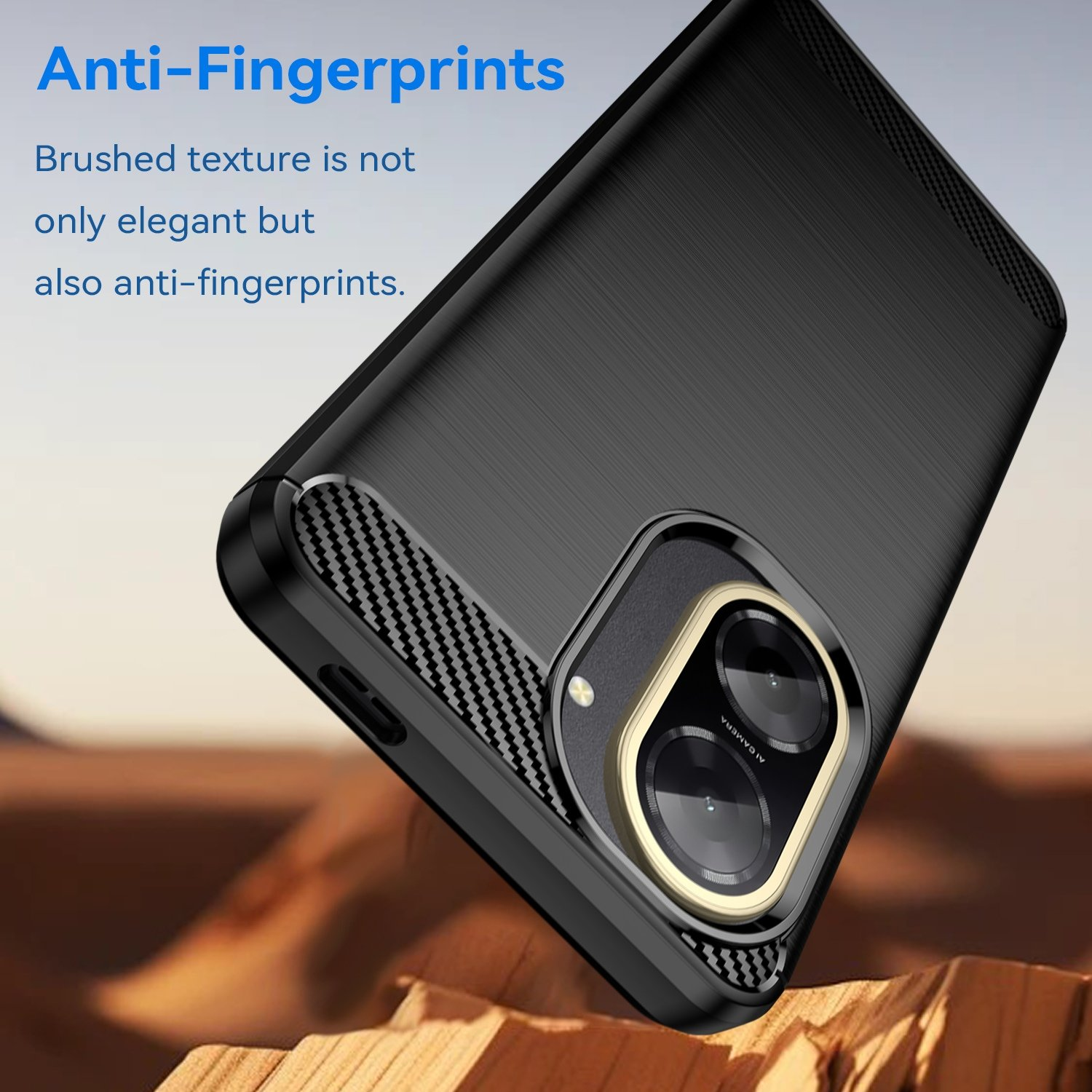Funda de teléfono negra con textura cepillada y lente de doble cámara.