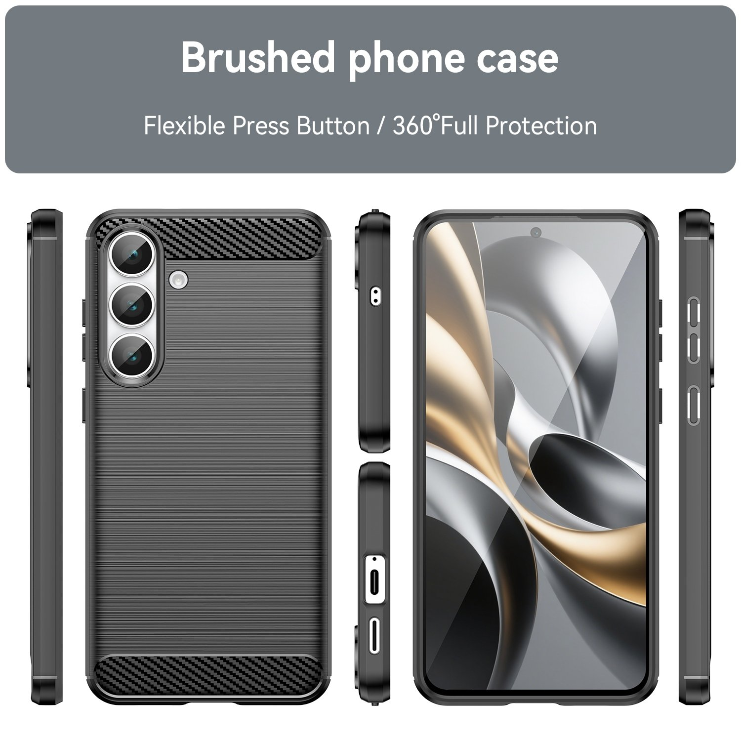Funda de teléfono negra con textura cepillada y triple recorte de cámara.