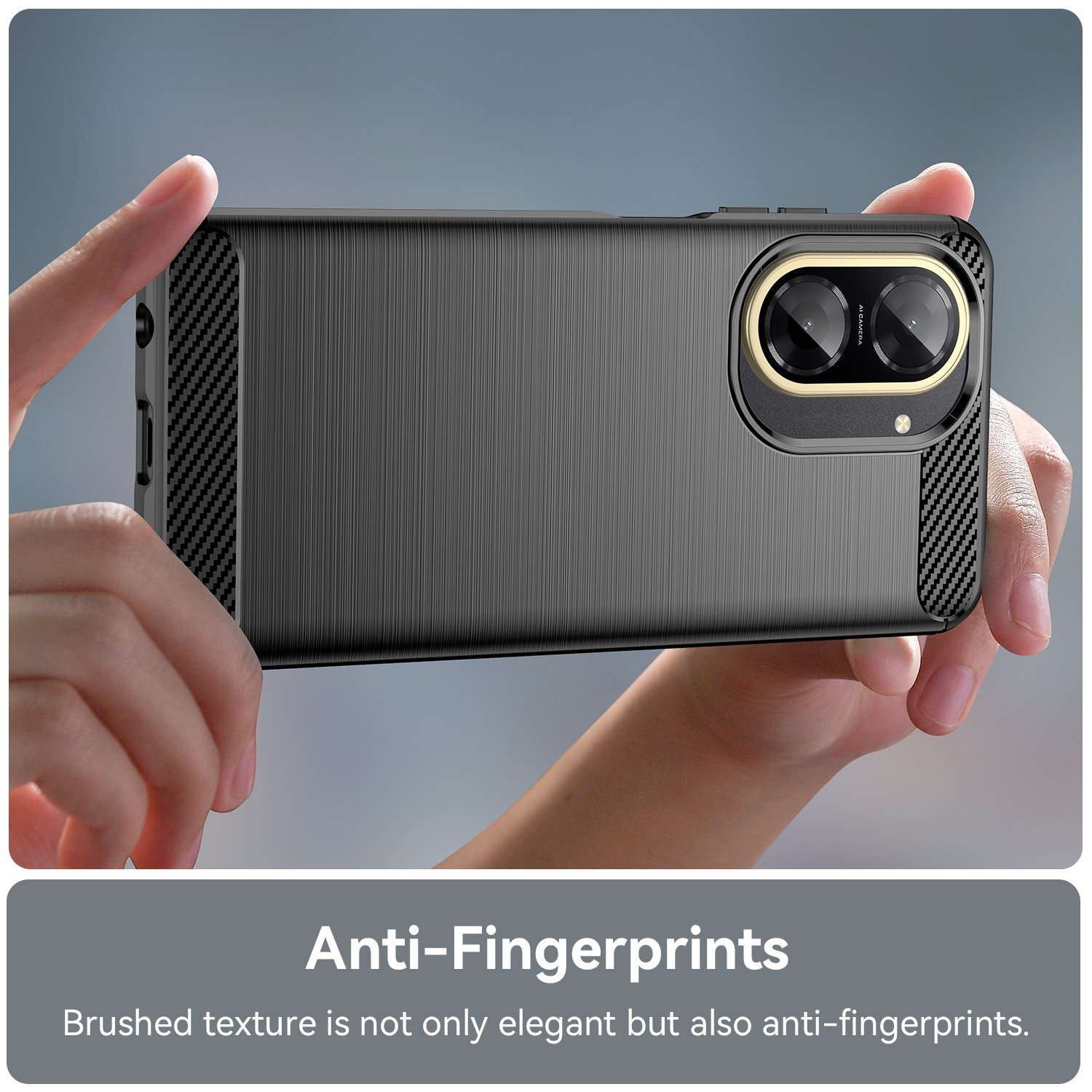Una mano sostiene un smartphone con parte trasera cepillada y acentos de carbono.