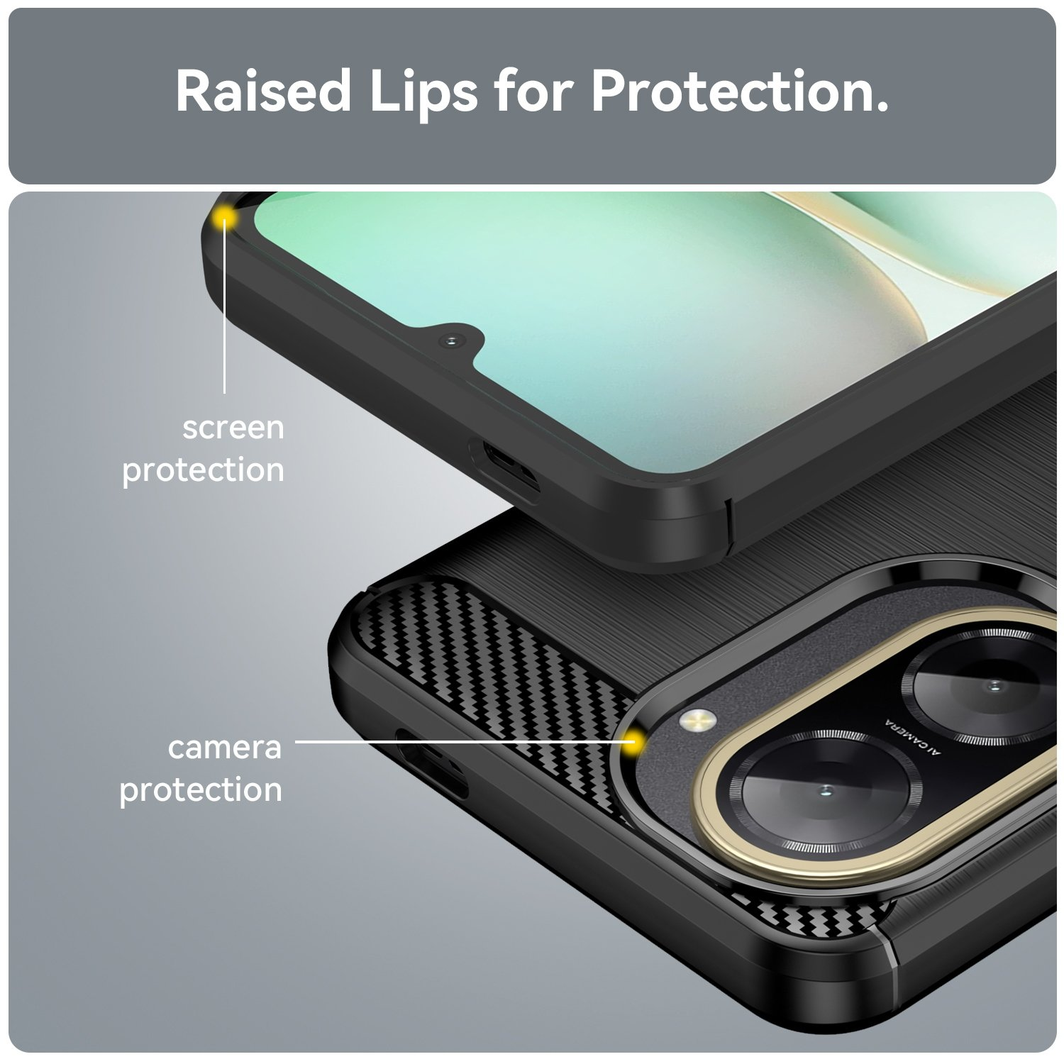 Funda de teléfono negra con bordes elevados para protección de pantalla y cámara.