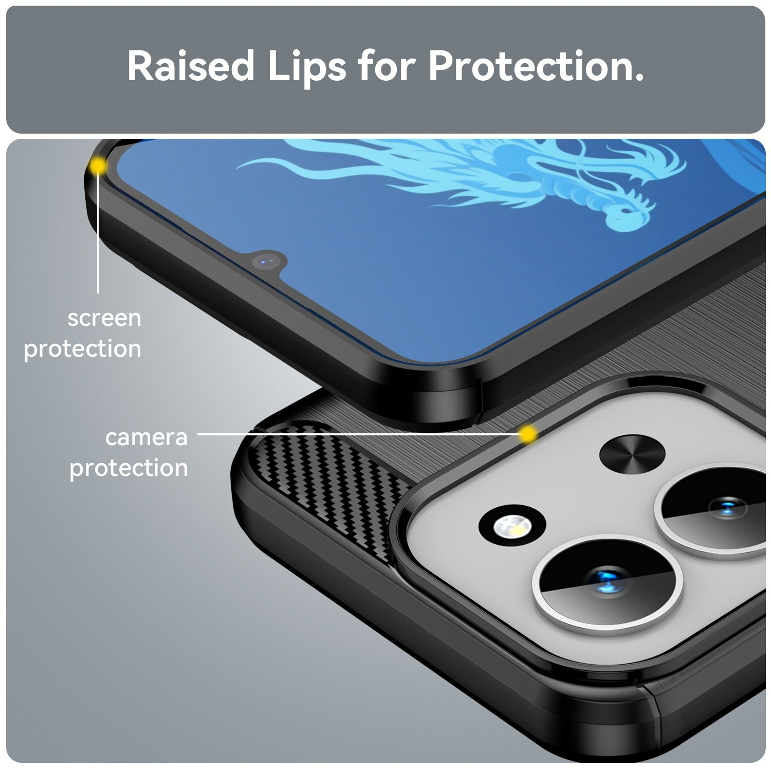 Funda de teléfono negra con bordes elevados para protección de pantalla y cámara.