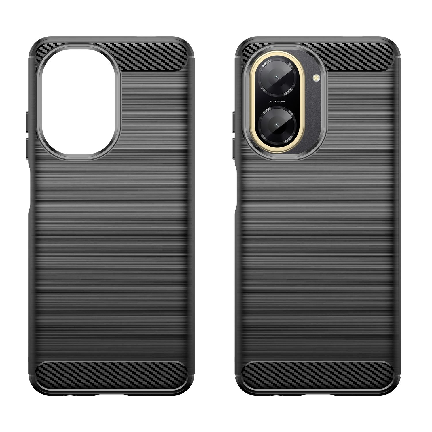 Dos fundas de teléfono negras con detalles de fibra de carbono y recorte de cámara.