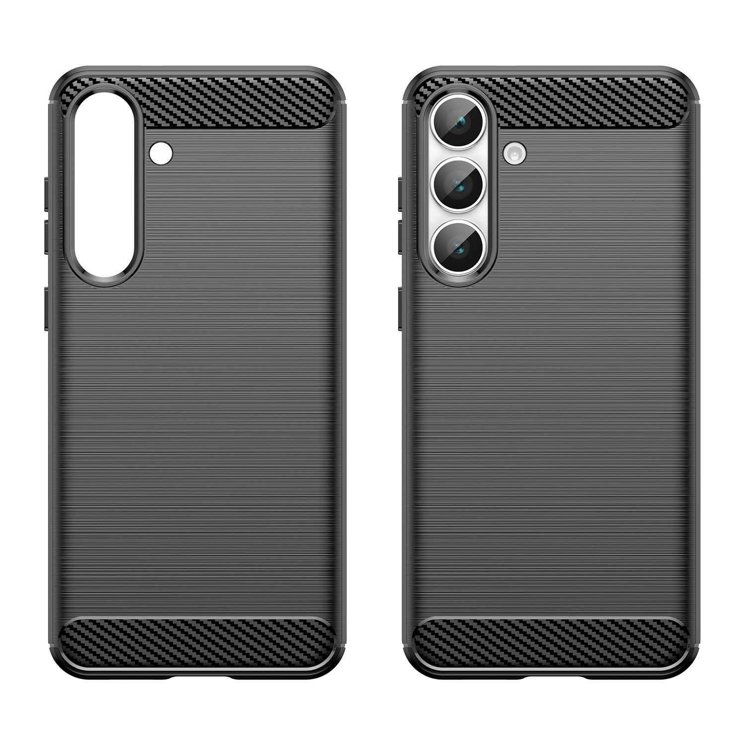 Dos fundas de teléfono negras con textura de rayas y detalles de carbono.