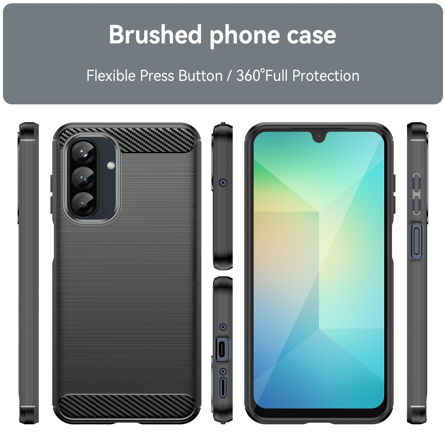 Funda de teléfono negra con textura cepillada y módulo de cámara.