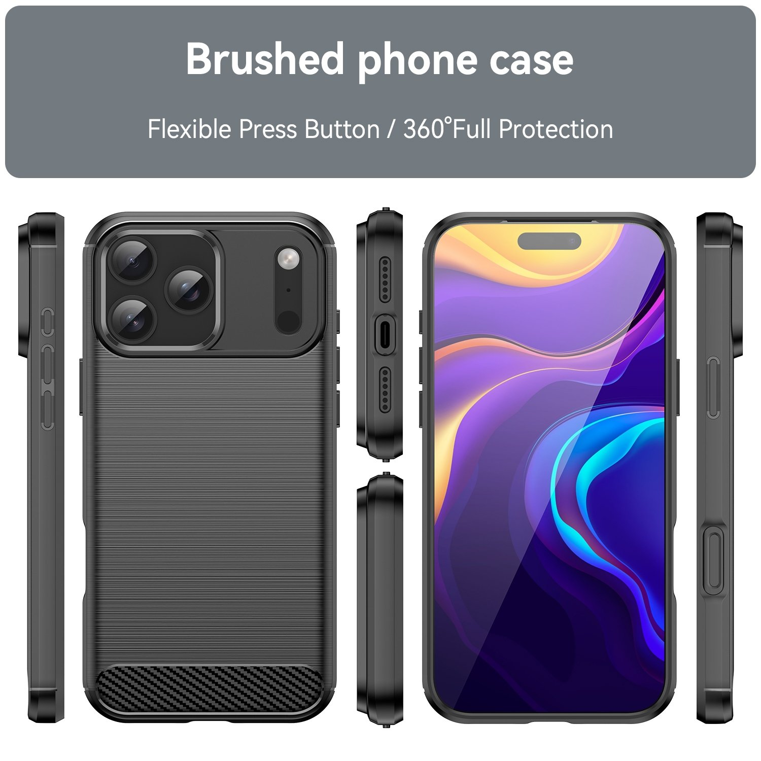 Funda de teléfono negra con acabado cepillado y protección de cámara. Vistas múltiples.