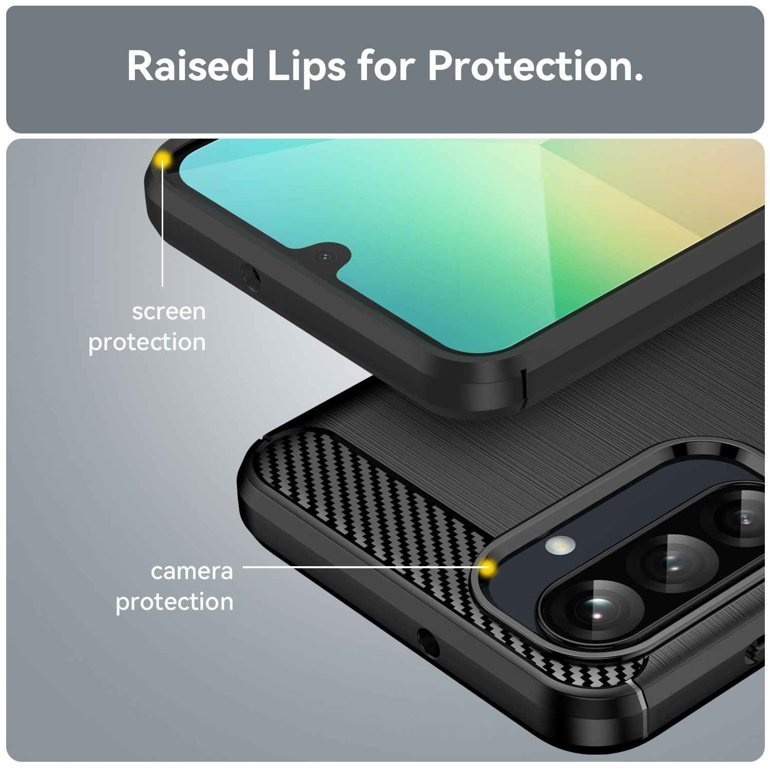 Funda negra para teléfono con labios elevados para protección de pantalla y cámara.