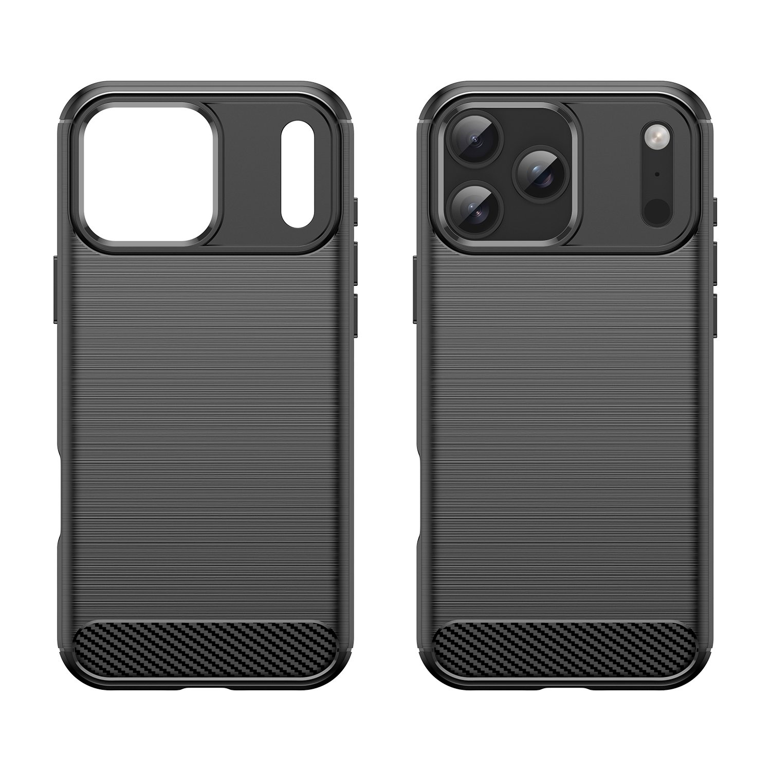 Funda de teléfono negra con recorte de cámara y puerto de carga.